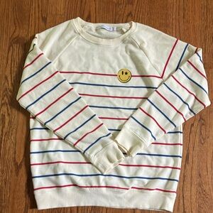 South Parade Striped Cream Sweatshirt with Smiley Patch. Small